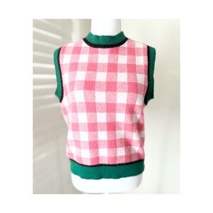 Pink Gingham Sleeveless Knit Sweater with Green Trim